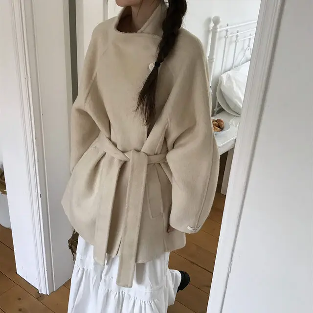 

Моющееся шерстяное пальто, женское шикарное осенне-зимнее новое дизайнерское элегантное утягивающее пальто с воротником-стойкой и поясом