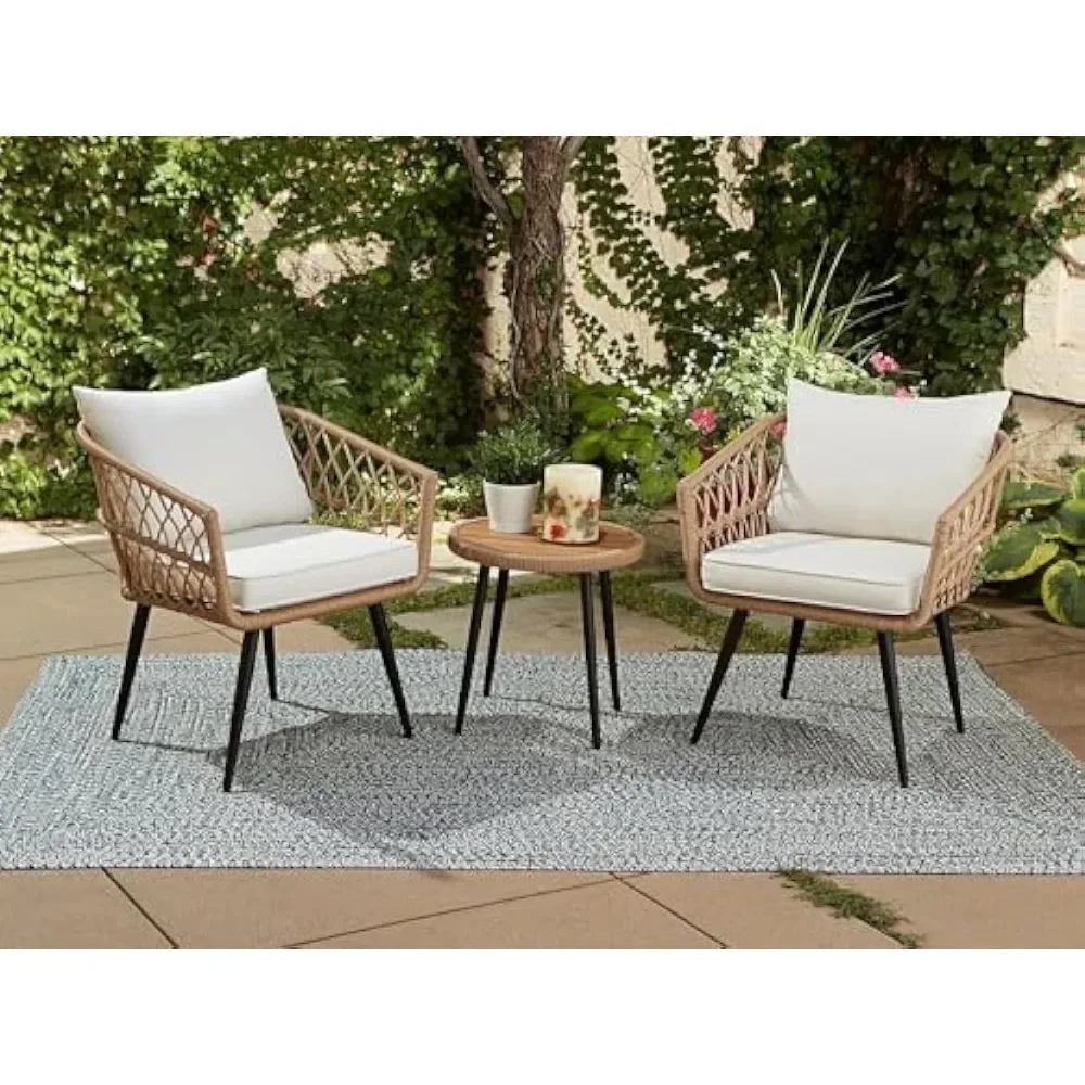 Living 65-YZ03HM Hermosa 3 Piece Chat Set, Aluminum Frame + Tan Wicker + Linen Cushions