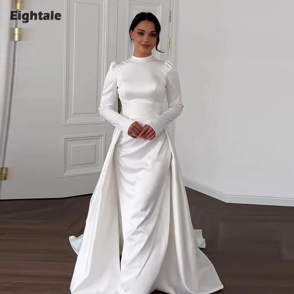 

Eightale Arabic Wedding Dress High Neck Customized White Ivory Mermaid Long Sleeves Muslim Satin Bridal Gown Robe De Mariée