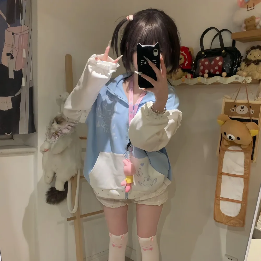 Autumn New Polka Dot Ears Cute Cartoon Print Color Block Zipper Hooded Jacket Women Loose Long Sleeve Coat Women