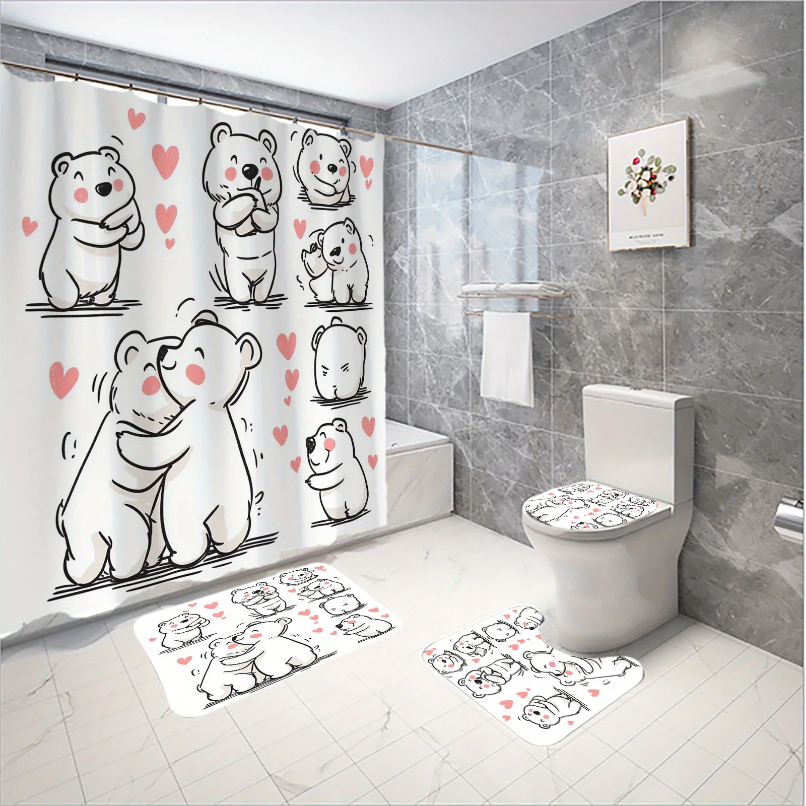 

Cute Bear Bathroom Set: Shower Curtain, Mat, Towel, Toilet Cover - 4Pcs Waterproof Decor for Kids & Babies' Bath Time