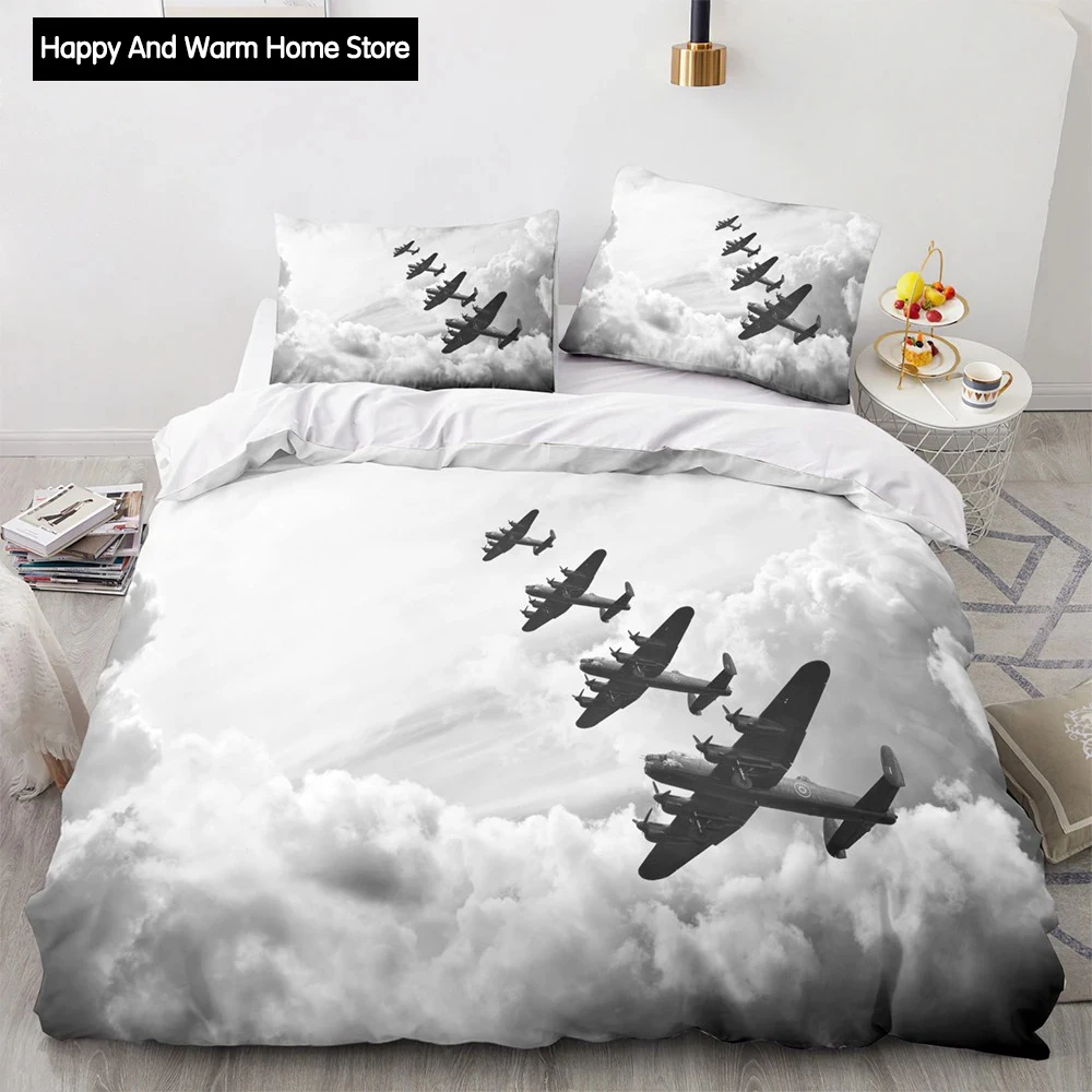 Airplane King Queen Full Duvet Cover Vintage Fighter Bedding Set for Boys Teens Adults Sky Clouds Grey 2/3pcs Soft Quilt Cover