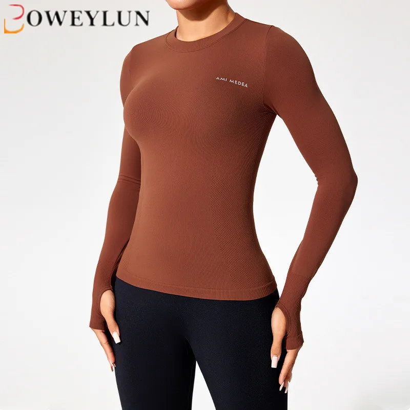 

BOWEYLUN Stretch Tight Sports Fitness Long-sleeved Tops Female Breathable Quick Dry Running Training T-shirt Yoga Clothing Women