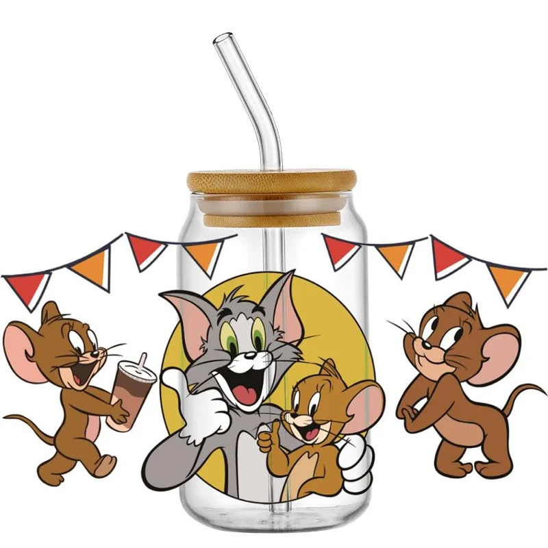 Miniso Cartoon Tom and Jerry Transfer UV DTF Cup Wrap Sticker for 160z Libbey Glasses DIY Waterproof Sticker