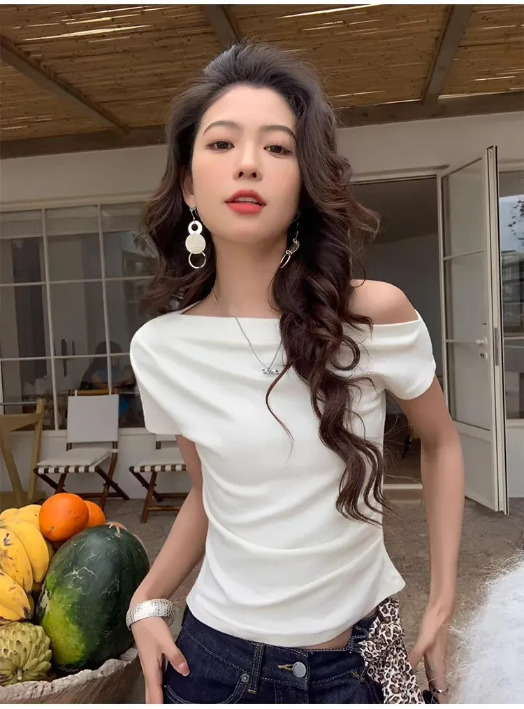 

Women's One-Shoulder Short-Sleeved T-Shirt Fitted Stretch Slimming Elegant Top White T-Shirt