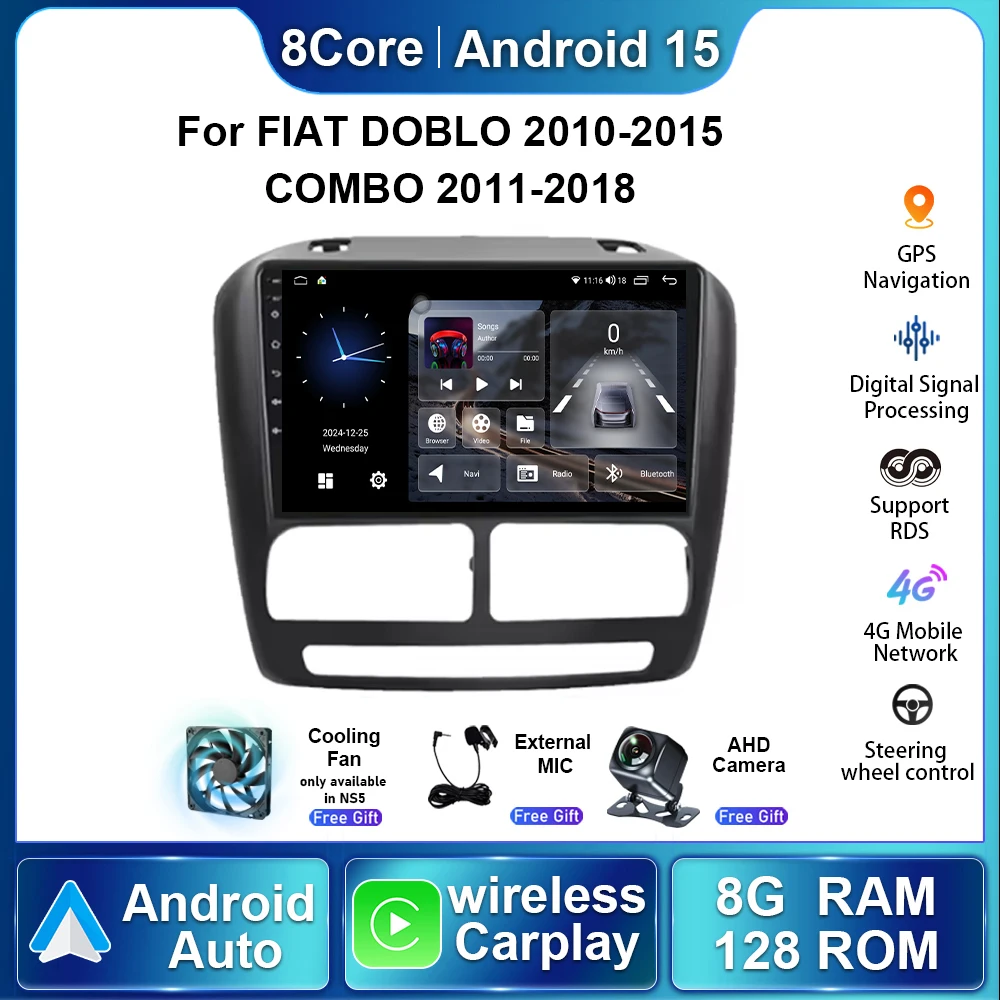 9inch 8G+128G Android 15 Auto Carplay Car Radio For Fiat DOBLO 2010 2011 2012 - 2015 COMBO 2011 2012 2013- 2018 GPS Navigation