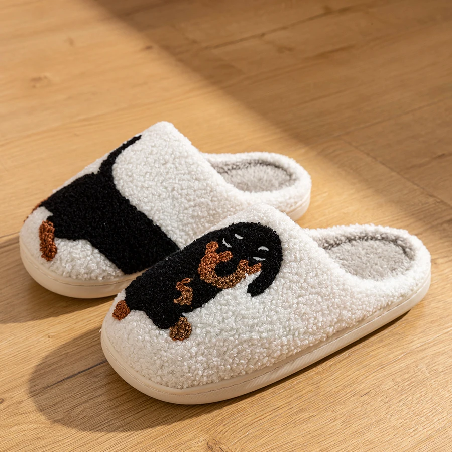 Cute Black Dog Embroidered Pattern Women Winter Slippers Indoor Soft Sole Warm Leisure Comfy Couple Bedroom Non-slip Home Shoes