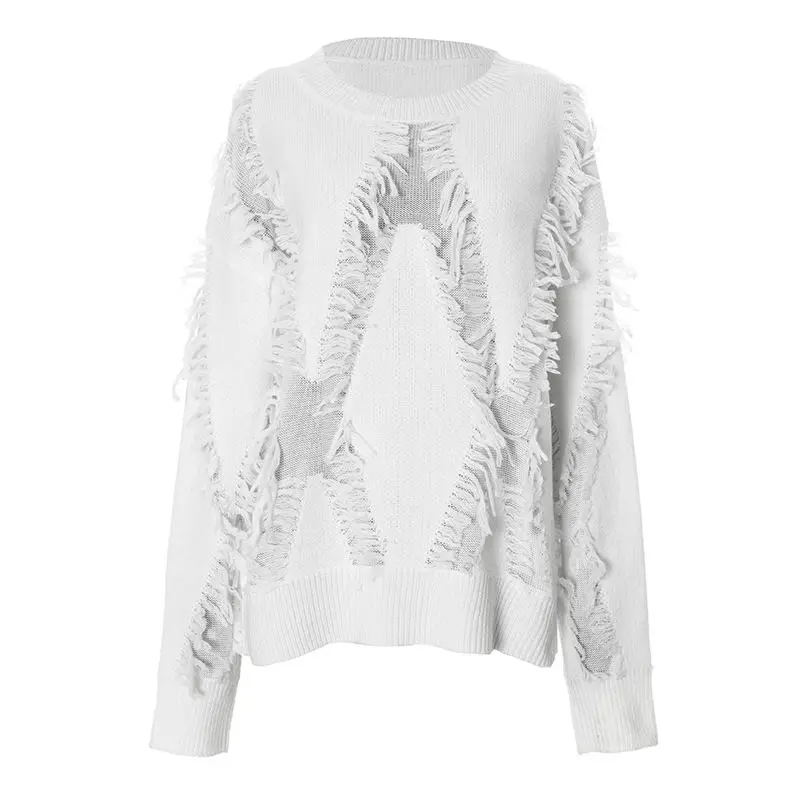 Damski sweter retro na jesień i zimę 2025, nowy, z diamentowymi frędzlami, casualowy, uniwersalny, ażurowy, luźny, do pracy.