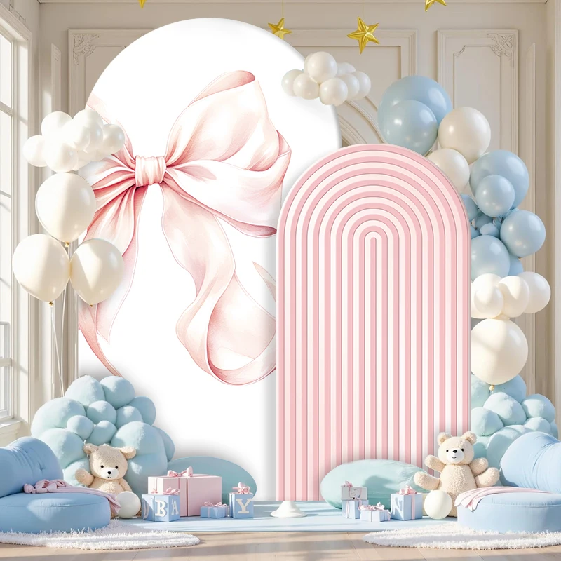 Bowknot Arch BackdropBaby Shower Girls Birthday Pink Stripe Photography Background Kids Party Decor Custom Elastic Fabric Cover