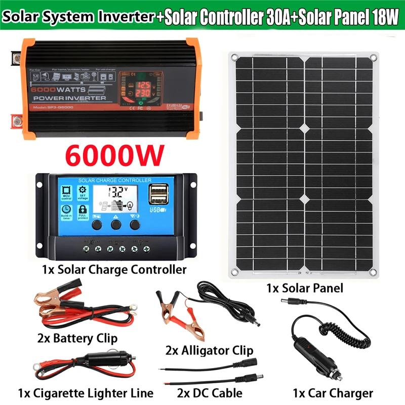 

110V/220V Solar Panel System 12V18W Solar Panel+30A Charge Controller+6000W Modified Sine Wave Inverter Kit Power Generation Kit