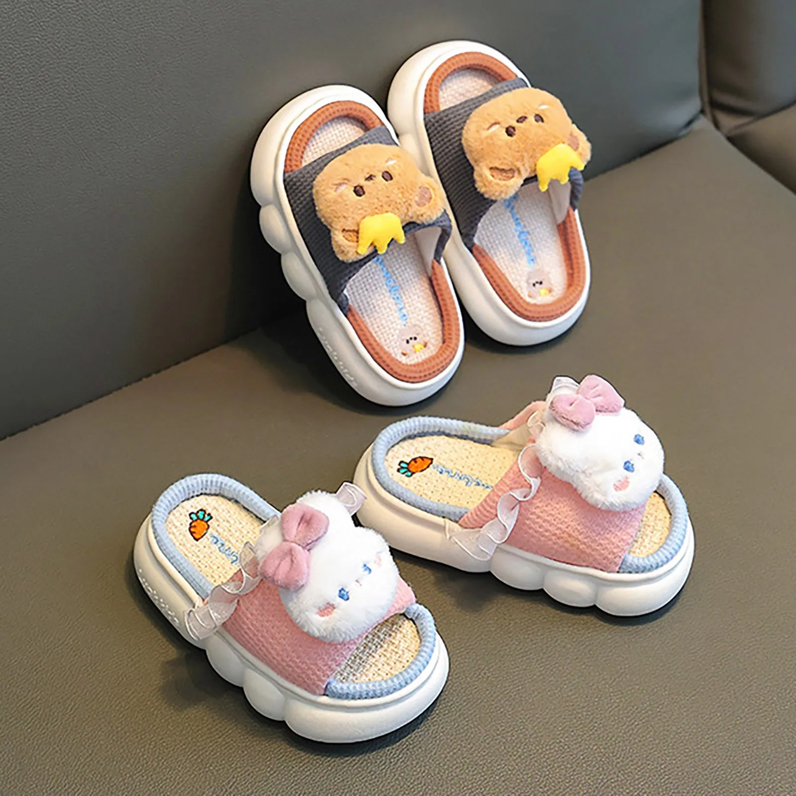 Cartoon Bear Children Four Seasons Slippers Cute Indoor Cotton Shoes For Boys Girls Toddler Open Toe Soft Sole Toddler Slippers