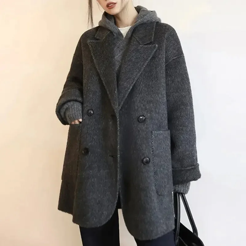 Nice Korea Woolen Long Jackets Coats Tops Winter Laper Double Breasted Abrigos Casual Chaquetas Overcoat Classic Women Warm Casa