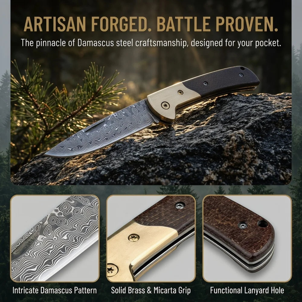 

New Best-Selling Hiking Boots Folding Knife with Damascus Steel Blade Brass + Micarta Handle Outdoor Camping Knife