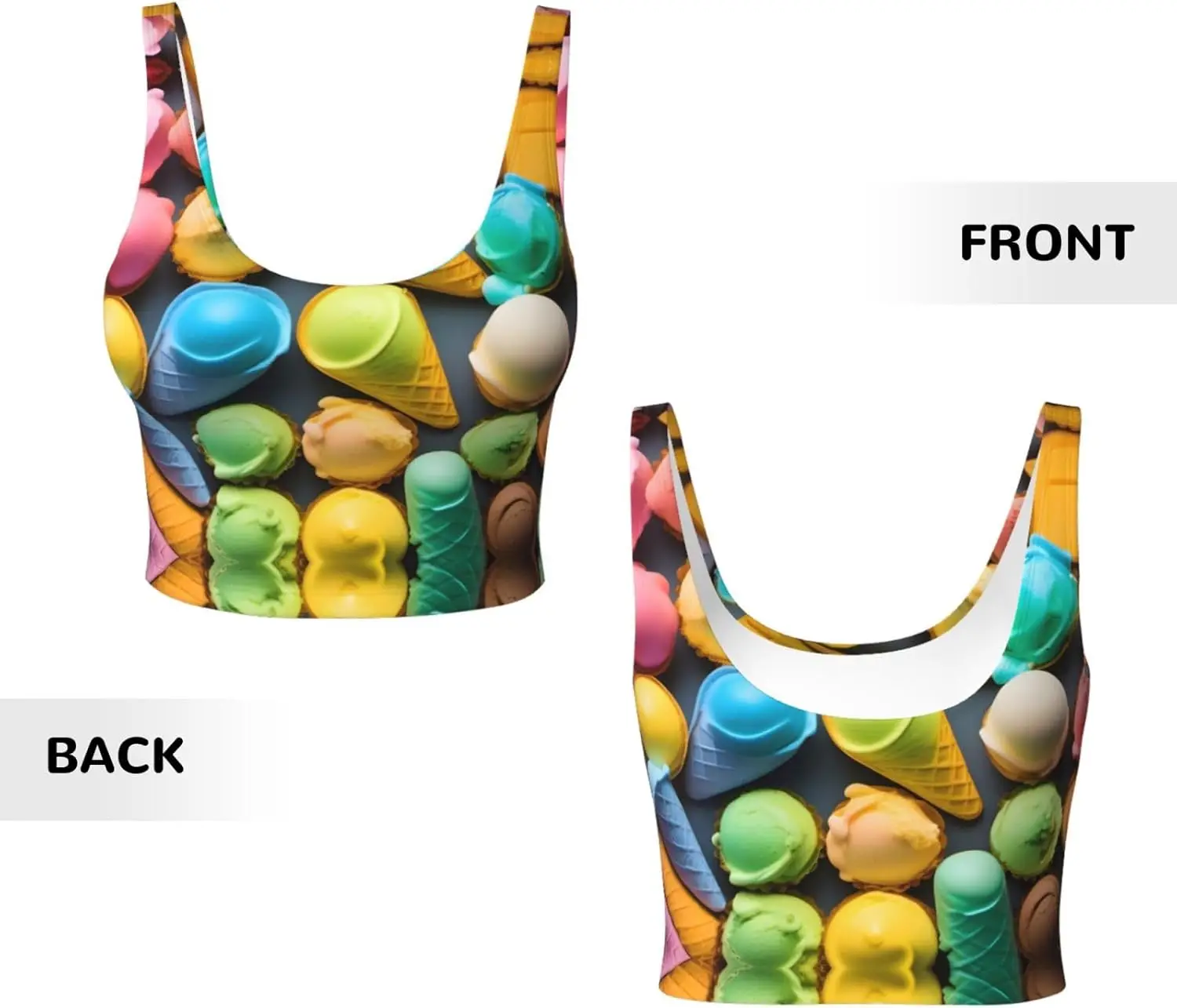 多くの色のアイスクリームプリントレディーススポーツベスト、ヨガワークアウトフィットネス用 - アスレチックガールズ用カジュアルノースリーブ、ブラック