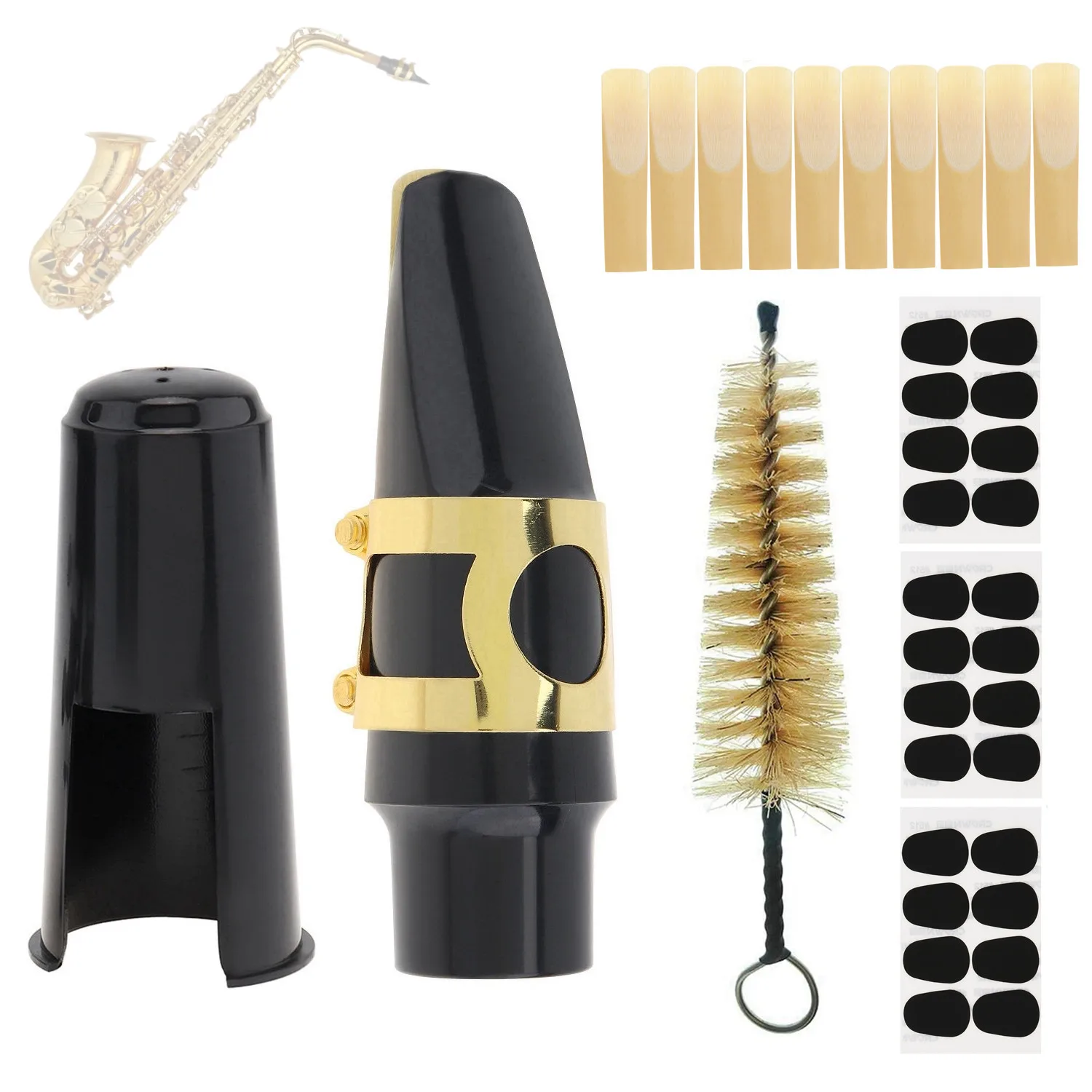 

36 шт. Набор мундштуков для альт-саксофона с 1 мундштуком/10 шт. 2,5 язычка/24 шт. подушечки/1 кисточкой, полный набор мундштуков для саксофона