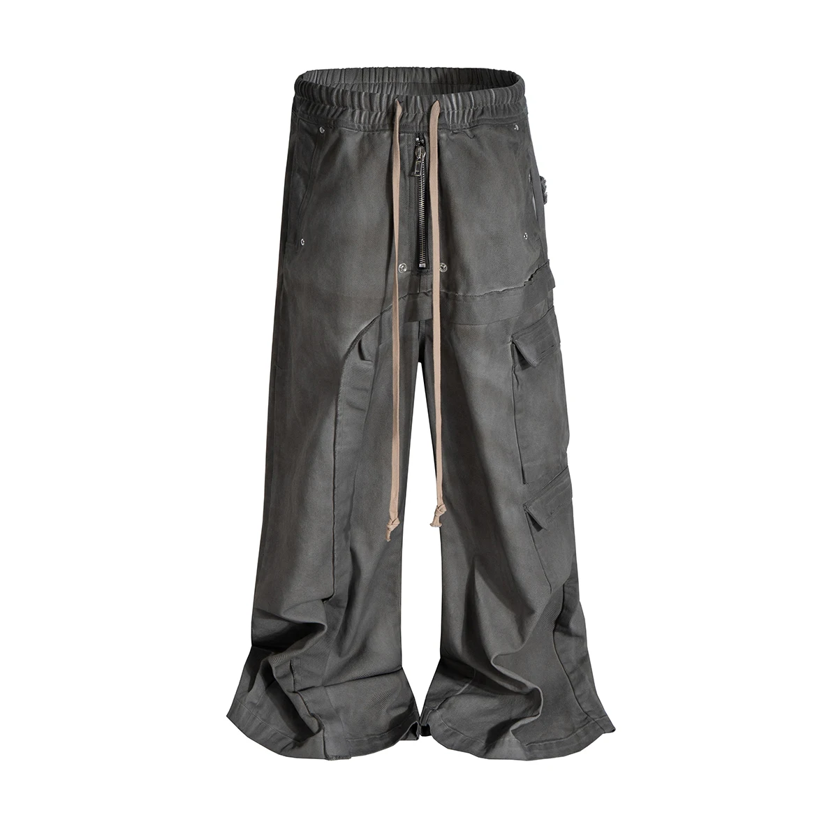 RO Style Gradient Ribbons Multi-pockets Drawstring Jeans for Men Harajuku Streetwear Baggy Y2K Denim Trousers Oversized Cargos