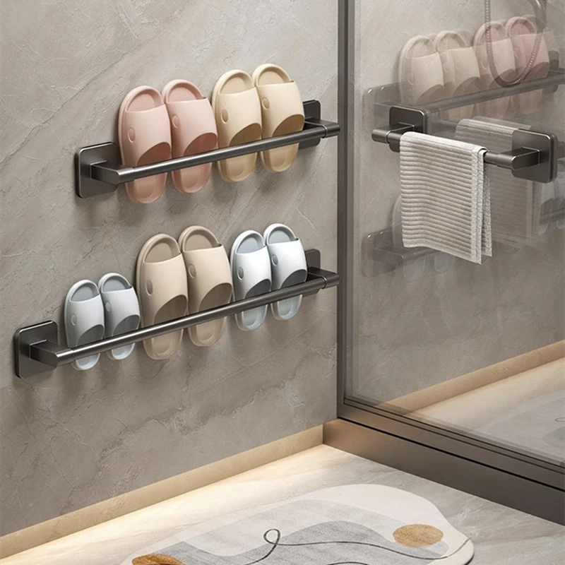 Bathroom Towel Holder Slipper Rack Holder Without Drilling Wall Mounted Towel Shelf   Towel Bar Kitchen Bathroom Accessories