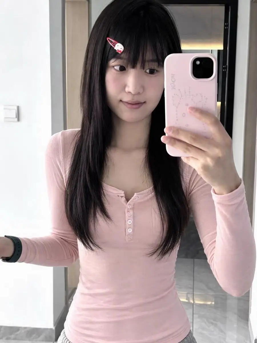 Pink Spicy Girl Style Long Sleeve T-Shirt Women's Autumn Waist-Cinching Slim Fit Double Layer Roll Base Shirt Trendy Top