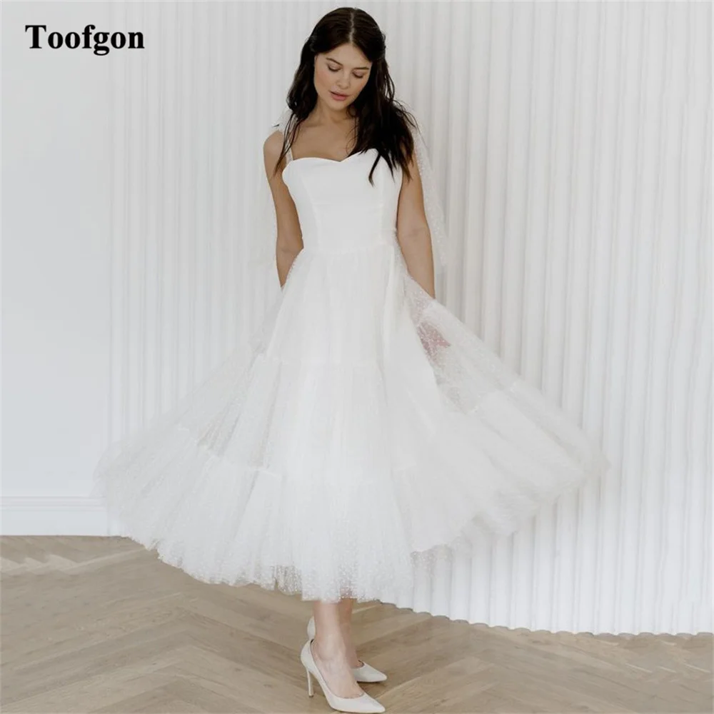 

Toofgon A Line Polka Dots Midi Wedding Dresses Off The Shoulder Pleats Buttons Women Bride Dress Formal Party Bridal Gowns