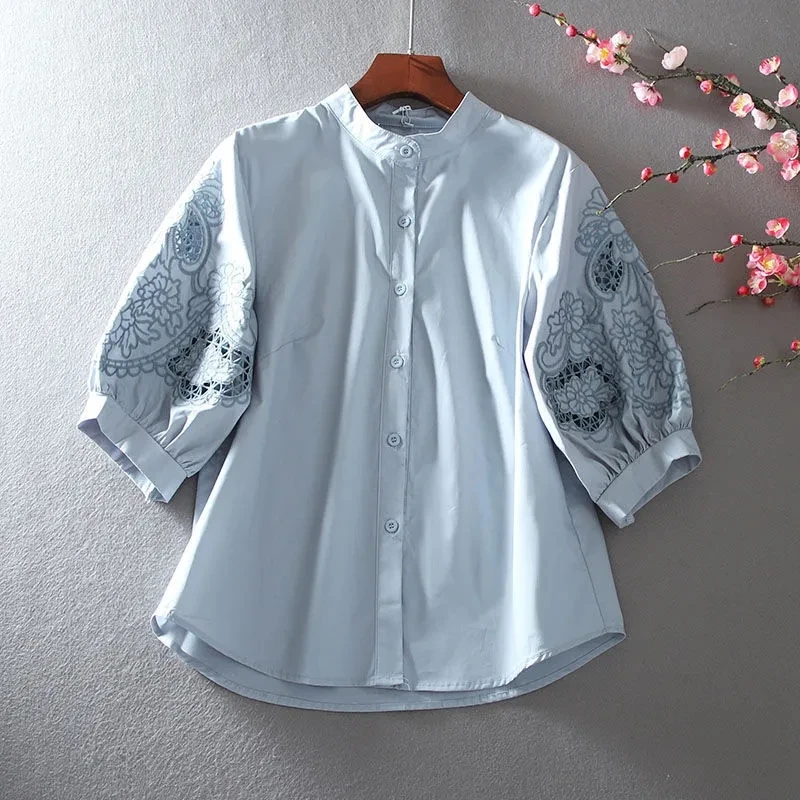 Cotton Hollow-out Embroidered Shirts 2023 New Summer Loose Single Breasted Women\'s Blouse Lantern Sleeve Elegant Tops Feminine