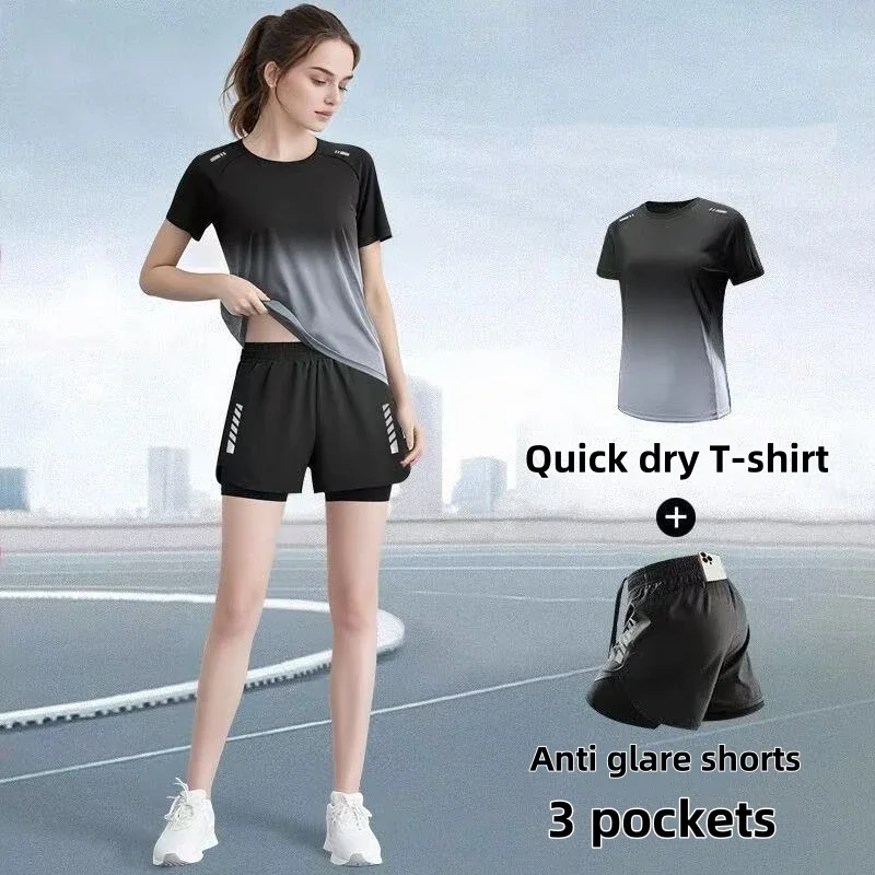 طقم ملابس رياضية نسائية، شورت للجري، تي شيرت، ملابس يوجا، ملابس كرة الريشة اللياقة البدنية الرفيعة، مريح وجيد التهوية