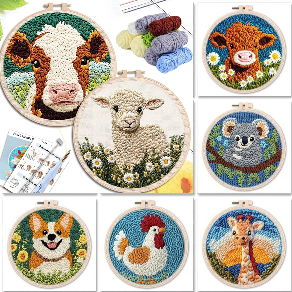 

20x20cm Punch Needle Embroidery Starter Kits Cow Pattern for Adults Beginners Punch Needle Kits Easy Handicraft DIY Decor Gift
