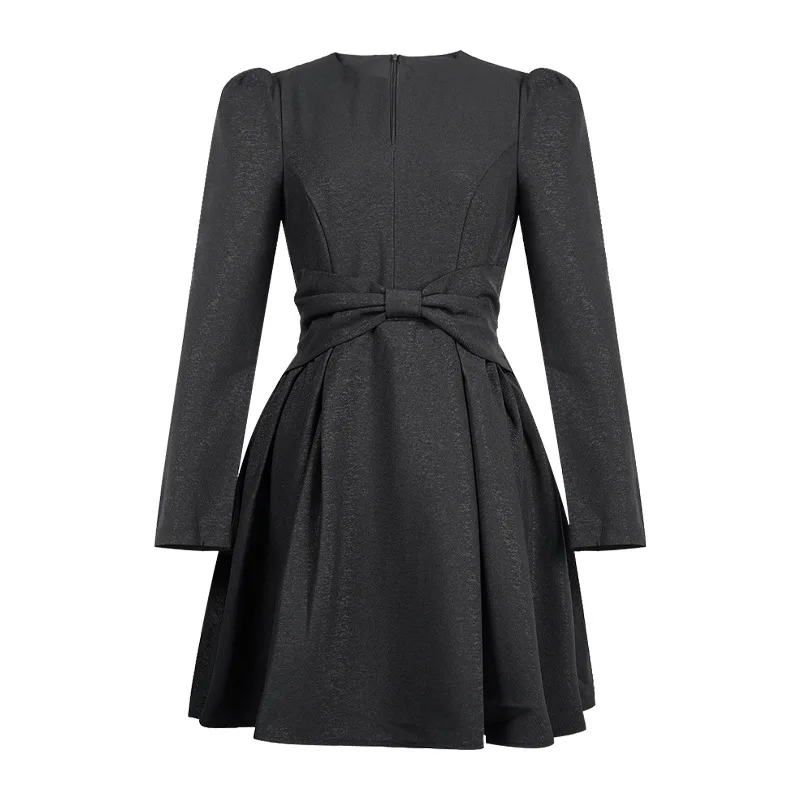 رمادي الفرنسية الخامس الرقبة فستان منفوش المرأة الخريف موضة القوس بسيط كم طويل أنيق الزفاف الحلو حفلة سيدة فستان قصير #5