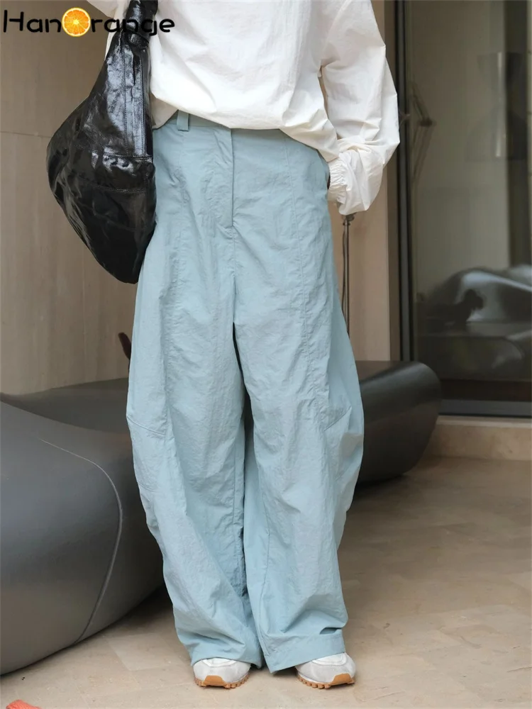 

HanOrange 2024 Autumn Casual Splicing Curved Wide Leg Pants Women Loose Stiff and Neat Nylon Trousers White/Gray Blue