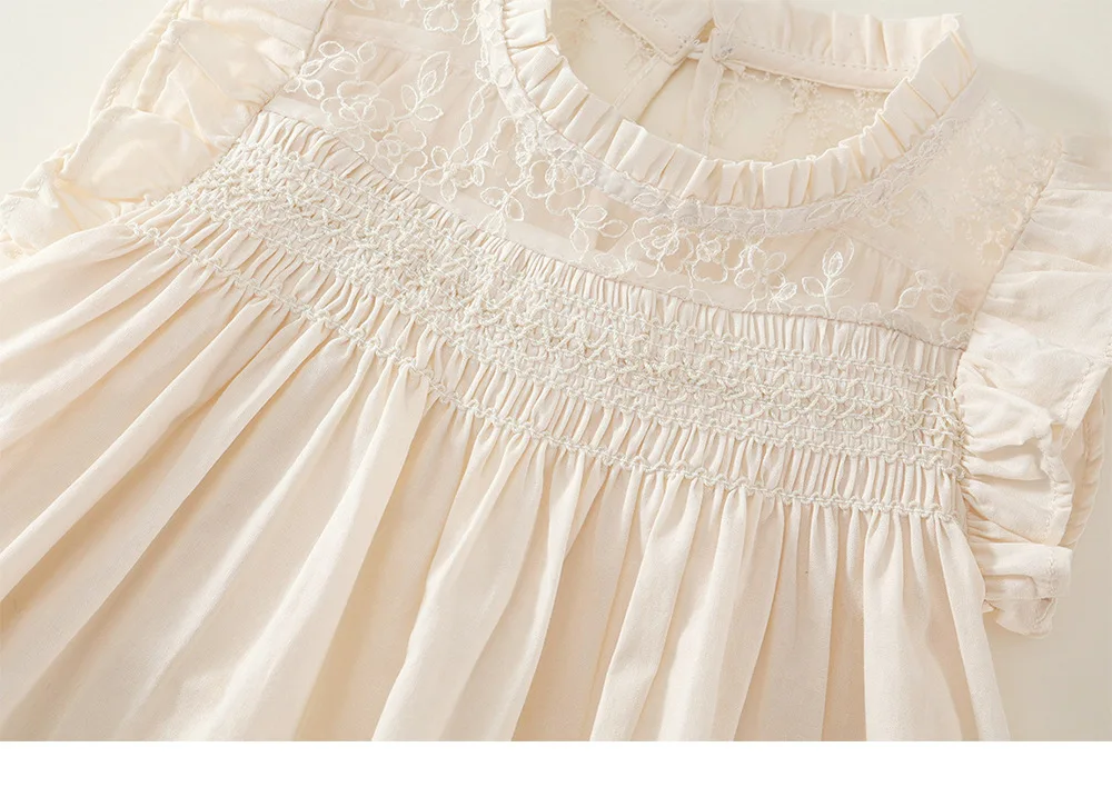 Girls Apricot Princess Dress 2026 Summer Smocked Flutter Sleeve Hollow Lace Heavy Collar Sweet Fresh Kids Dress