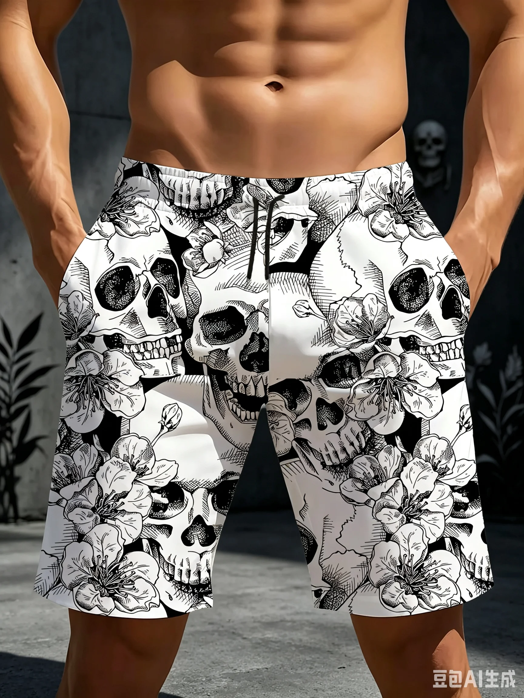 New 2026 Black White Skull Flower Quick Dry Beach Shorts Men's Quick Drying Shorts Are Suitable For Y2K
