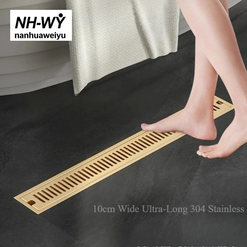 10cm Wide Ultra-Long 304 Stainless Steel Shower Floor Drain, Anti-Clog High-Flow Bathroom Floor Drain