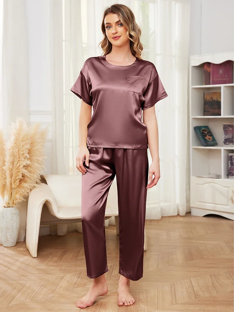 Women\'s Silk Pajamas Short Sleeve Sleepwear Soft Satin Loungewear Round neck T-shirts and pants 2 Piece Set