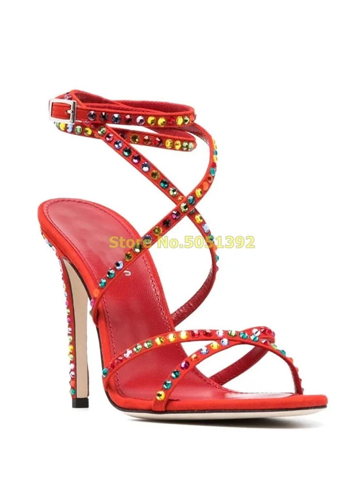 

Red Crystal Strappy Thin High Heel Sandals Rhinestone Cross Strap Ankle Buckle Strap Fashion 2024 Summer Women Dress Shoes