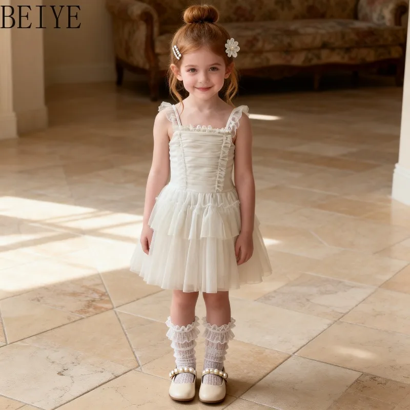 Children's Birthday Princess Sweet Dress Summer Little Girl French Sweet Mesh Suspender Dress Strap Daily Wear Party Dress