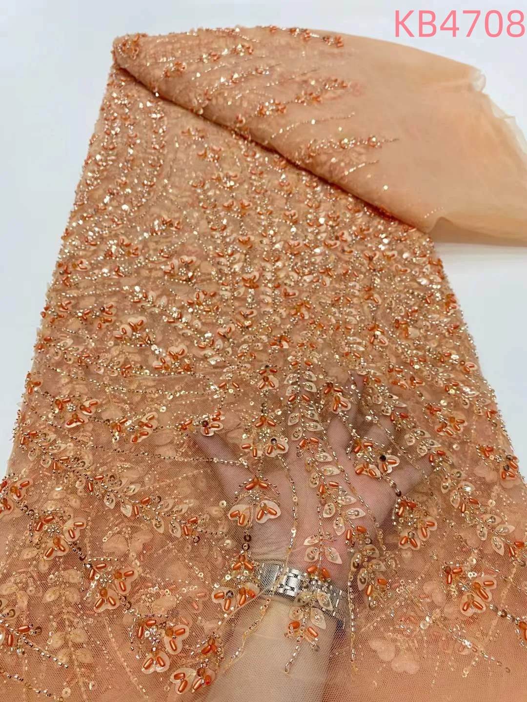 5 Yards Burnt Orange Beaded French Mesh Lace African Lace Fabrics High Quality 2025 Green Sequence Lace For Sewing KB4708