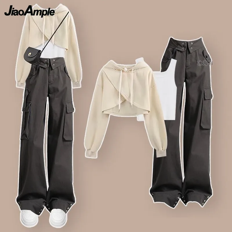 Women\'s 2024 Autumn/Winter New Fashion Hoodie Top+Strap+Casual Cargo Pants 3-Piece Suit Korean Elegant Tracksuit Matching Set