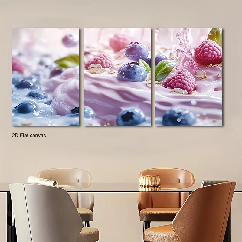 Frameless Canvas 2D Flat, 2D Flat, 2D Flat Set Of Three Pink Yogurt-Themed 2D Flat Canvas Artworks Featuring Berries, Ready