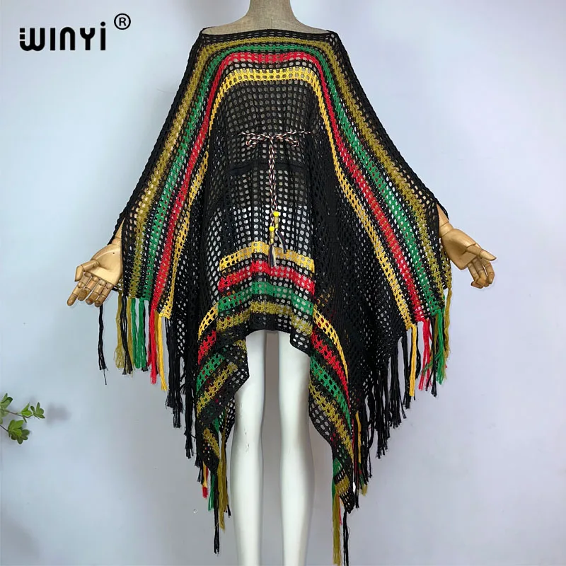 

WINYI new summer Rainbow printed openwork sexy beach knit tassels dress Bikini Cover-up Women Beachwear Swimsuit Cover Up dress