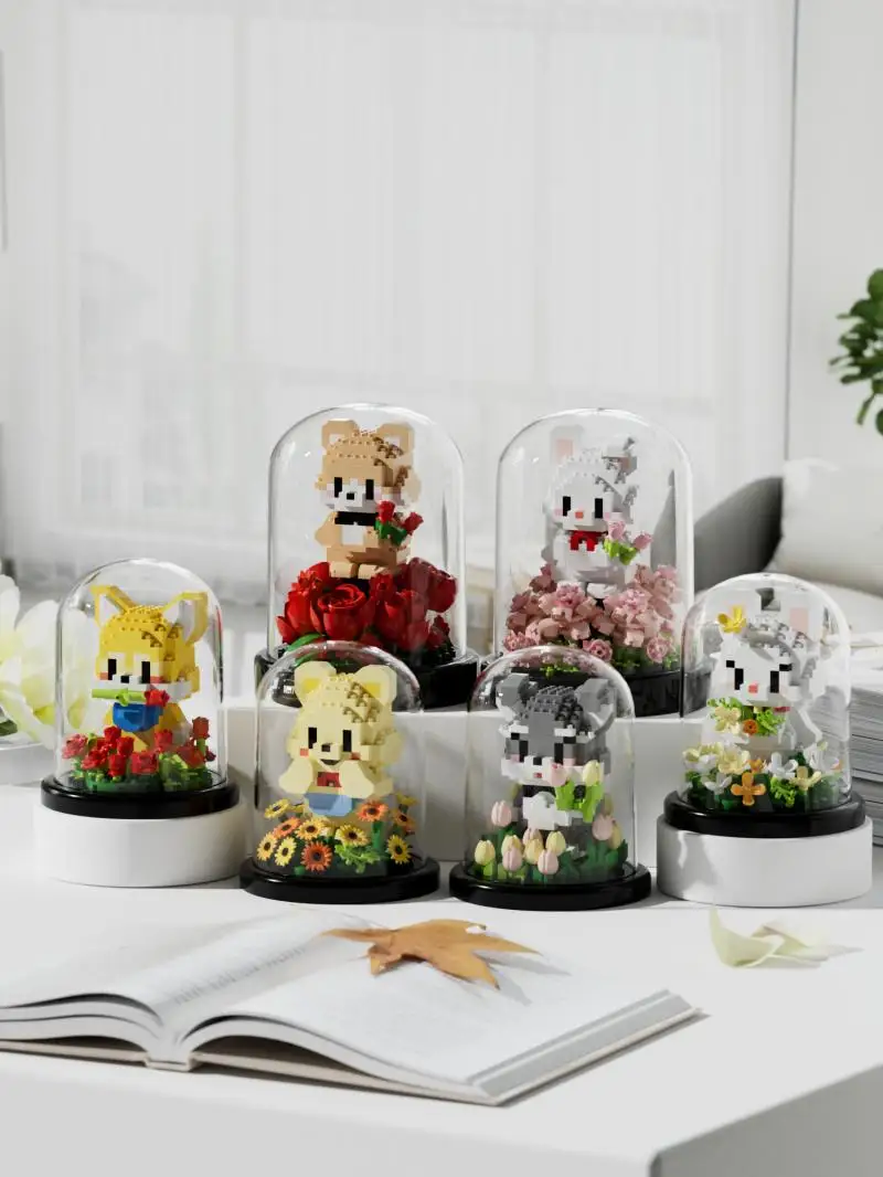 Criativo animal bloco de construção jardim, cão dos desenhos animados, coelho, rosa, mini pet tijolo modelo, decoração home, brinquedo da educação, presente das crianças
