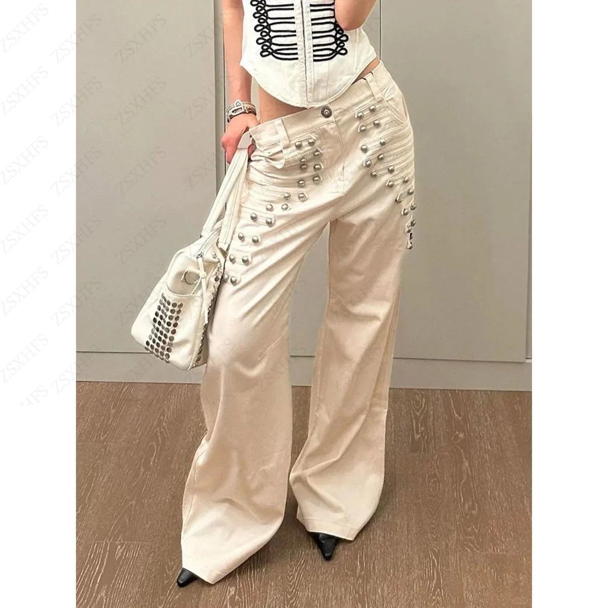 Subculture Gothic Cargo Pants Women High Waist Wide Leg Metal Buckle Full Length All Seasons Long Pants Trousers Pockets Casual