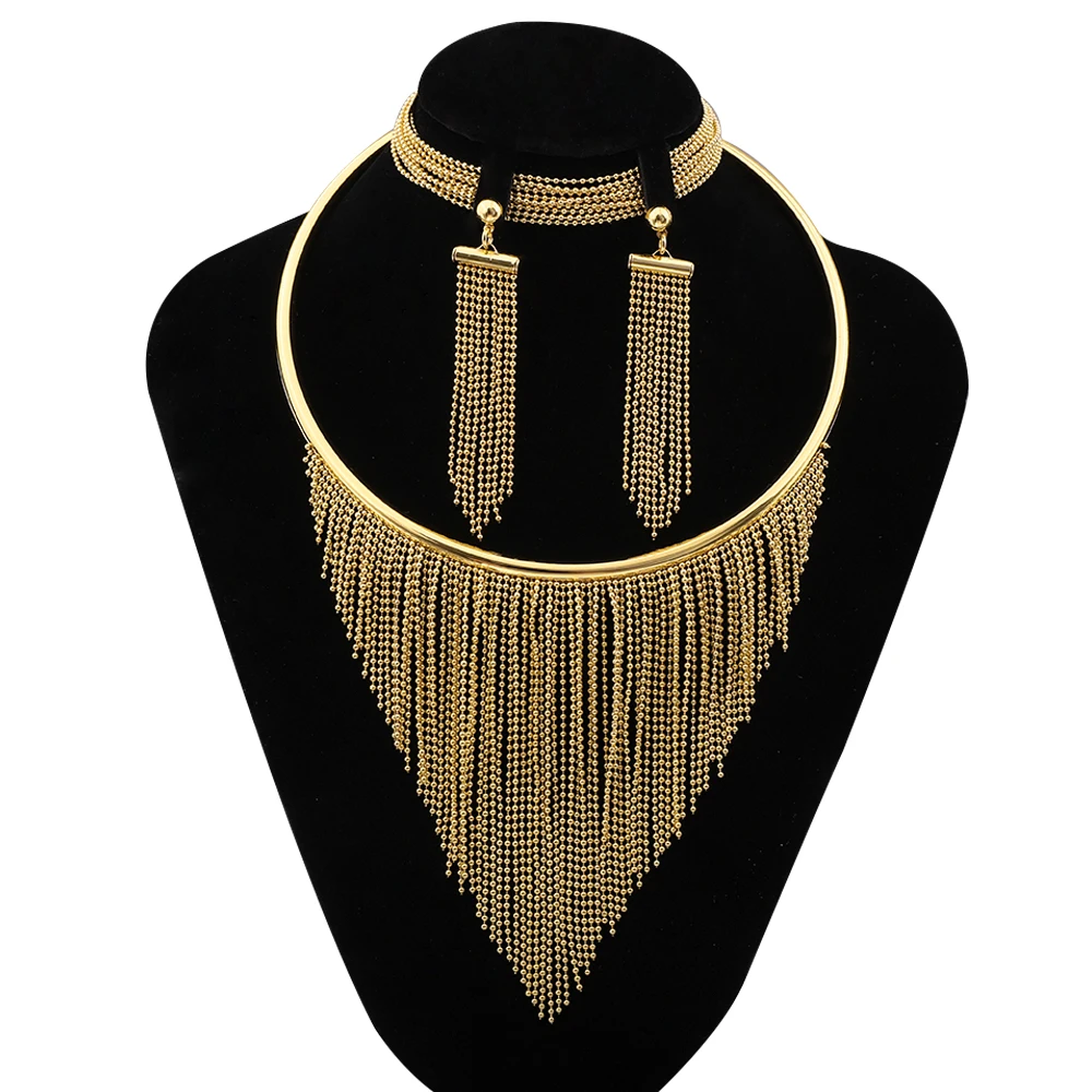 

Gold Colour Women's Tassel Necklace Earrings Charming Bracelet Set Elegant French Style Design Anniversary Gift