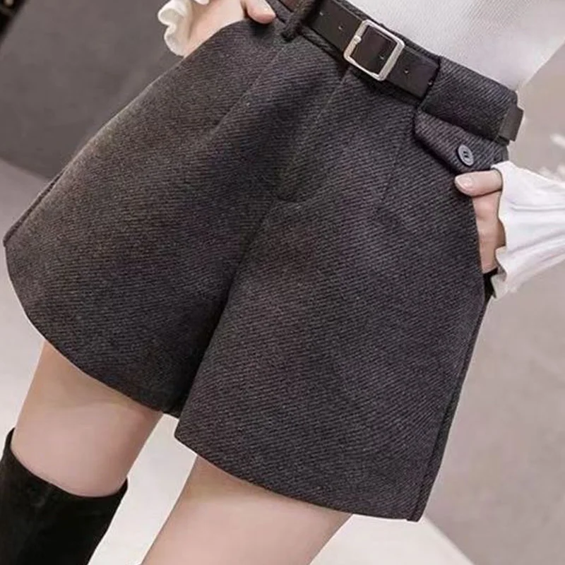 Autumn Winter New Woolen All-match Zipper Solid Color High Waist Shorts Women Clothes Office Lady Buttons Pocket Wide Leg Pants