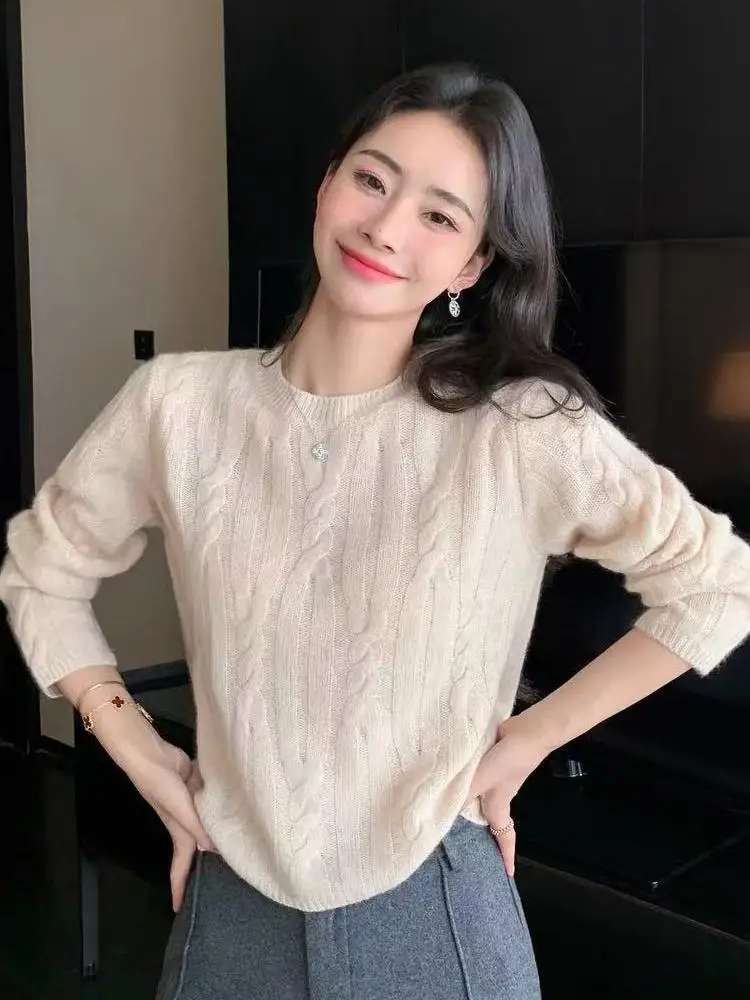 

Свитер из 100% мериносовой шерсти, женский пуловер, трикотаж, зимняя толстая женская одежда с круглым вырезом, повседневные стильные мягкие теплые вязаные топы