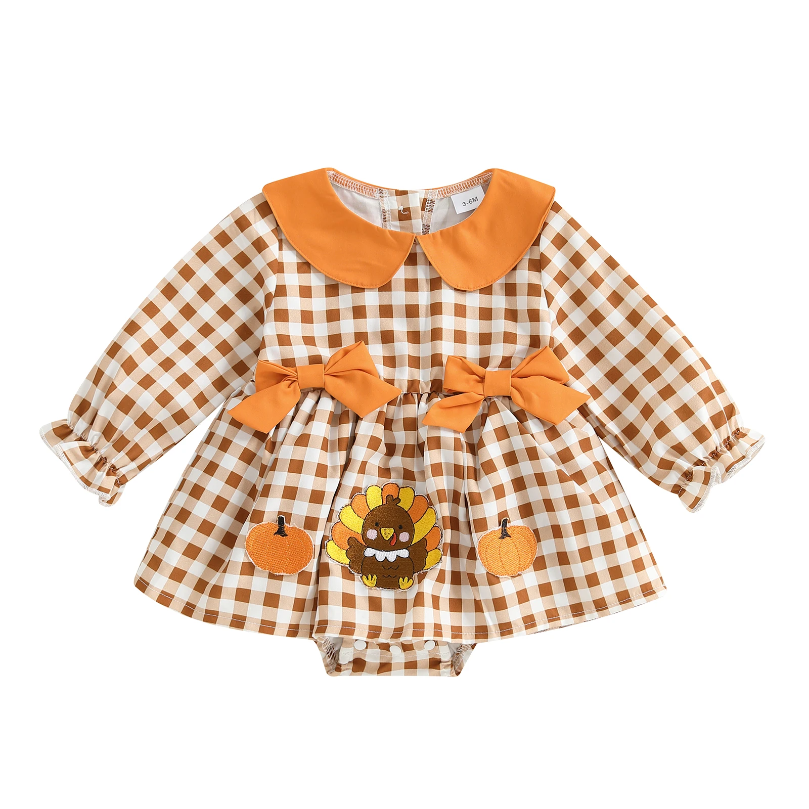 

Baby Girls Thanksgiving Romper Turkey Pumpkin Embroidery Plaid Doll Collar Long Sleeve Jumpsuits for Fashion Clothes