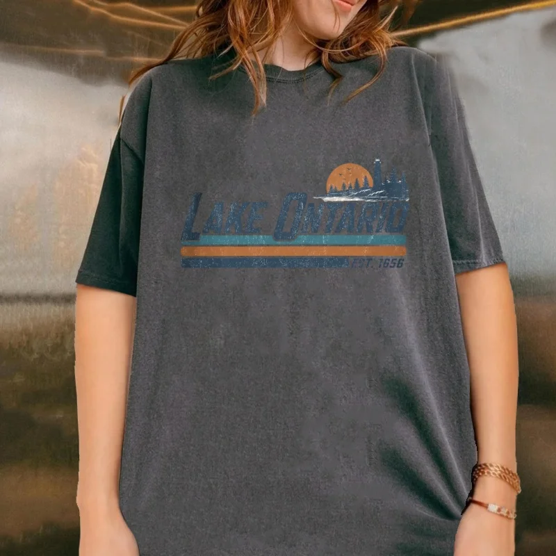 Lake Ontario Great Lakes T-Shirts Vintage Washed Cotton Gulf of Mexico Graphic T Shirts Man Woman Crewneck High Quality Tees