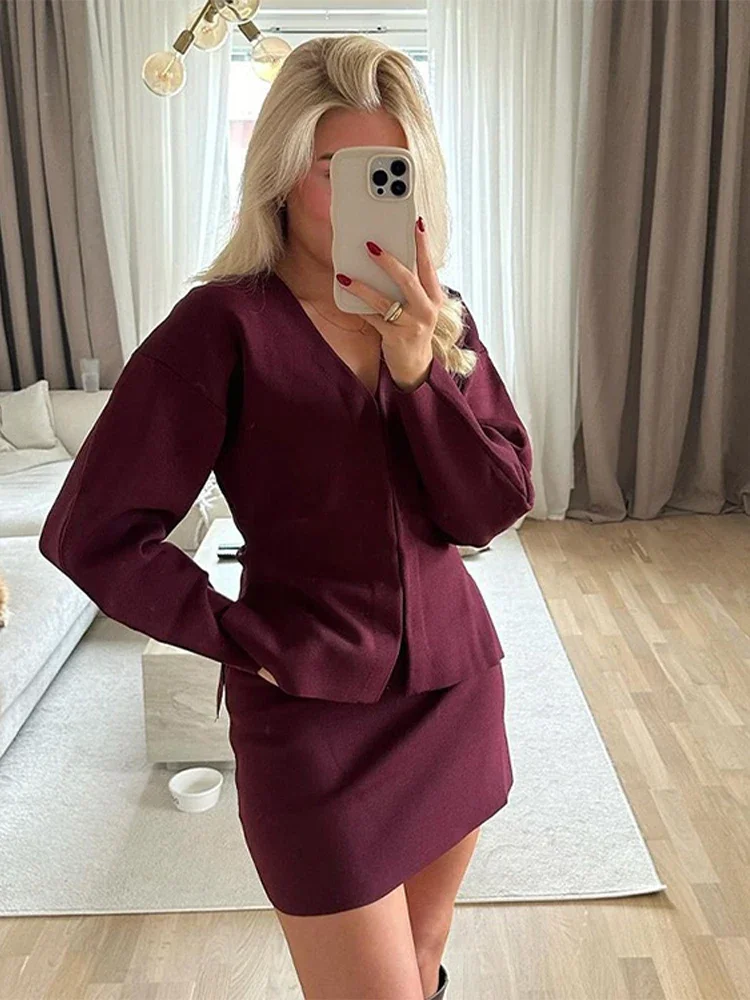 Casual Knitted Women 2 Pieces Set V-neck Long Sleeve Sweater A-line Skirts Wine Red Female Sets 2024 Autumn Fashion Lady Outfits