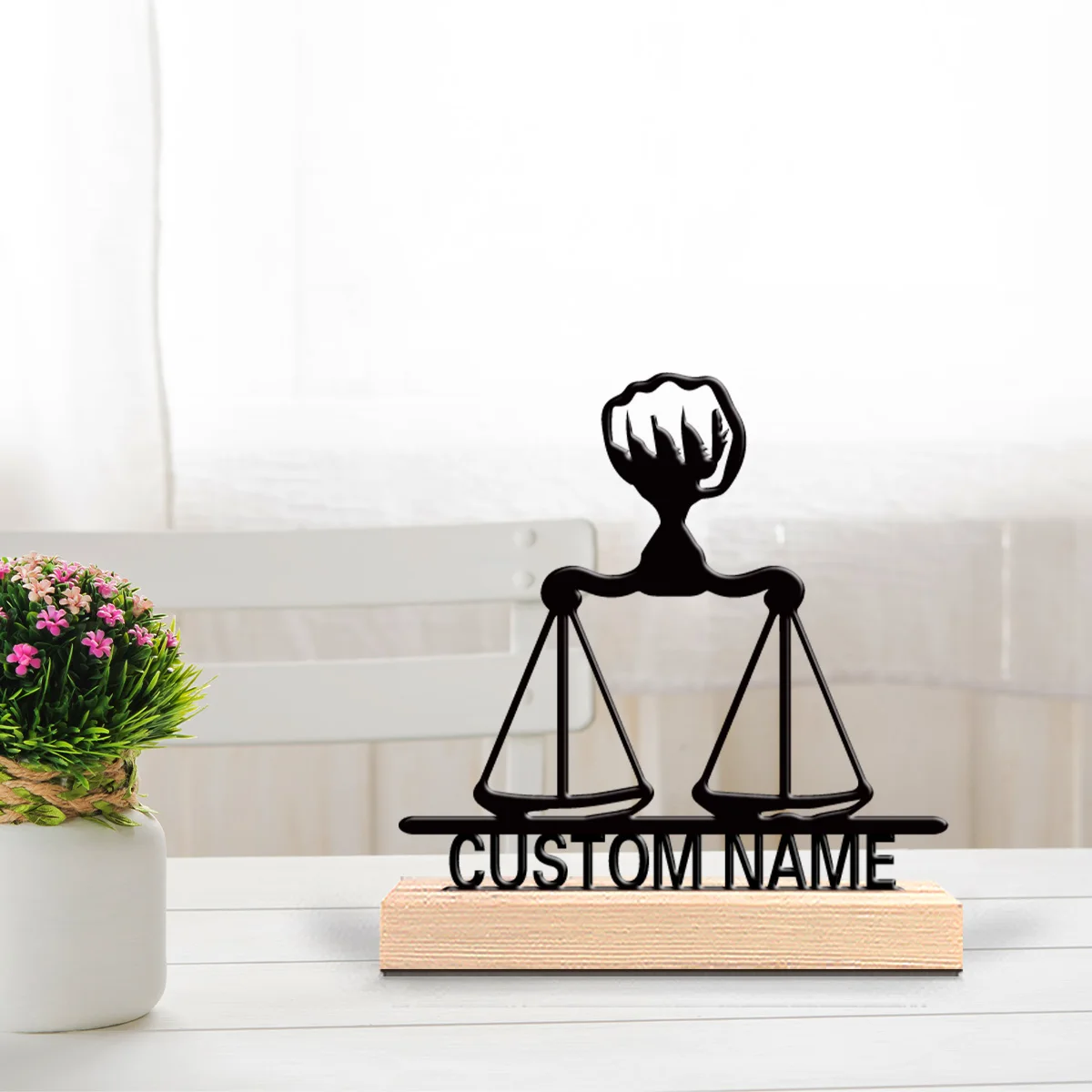 1pc Legal fairness and justice Personalized Text Tin Statue Art Crafts With Wood Base Iron Sculpture Study Desktop Decoration