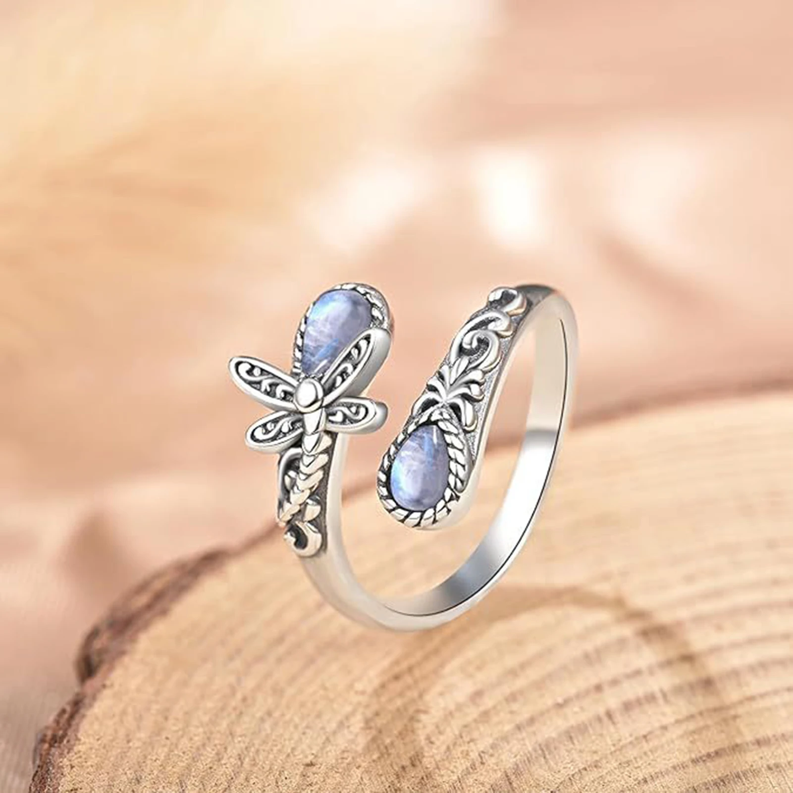 

Vintage Ring Flower Dragonfly Opal Open Adjustable Rings Jewelry Birthday Gift For Women Men Daily Versatile Accessories