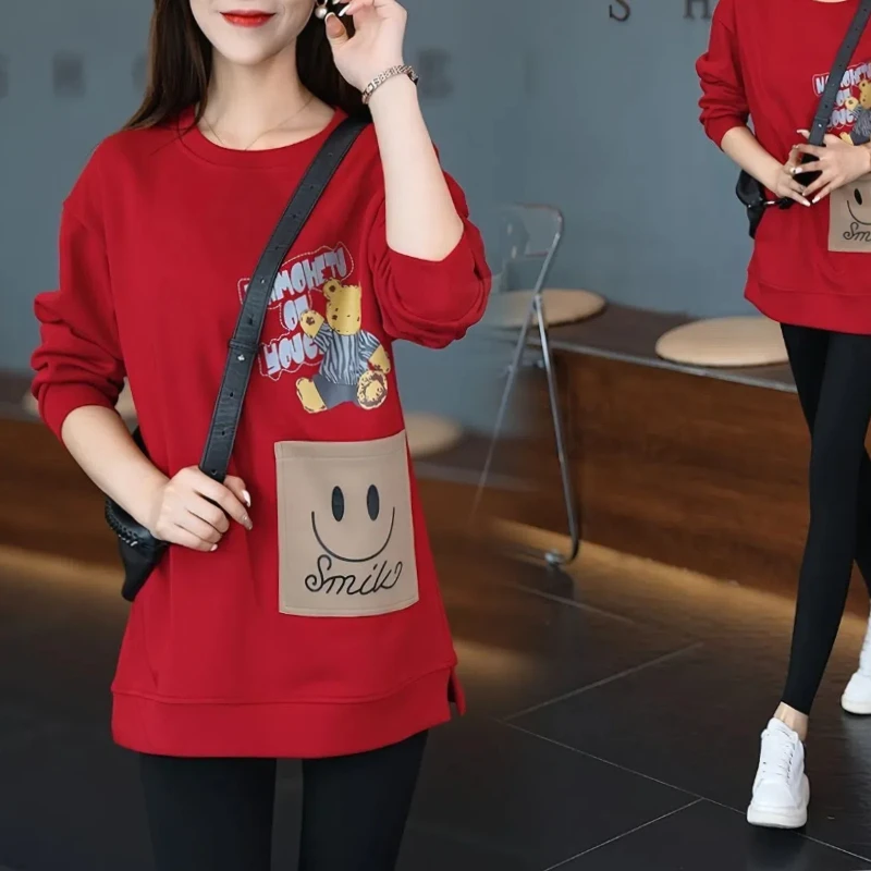 Autumn Winter New Korean Commute Round Neck Printed Spliced Pockets Letter Cartoon Loose Long Sleeve Women\'s Casual Hoodies Tops