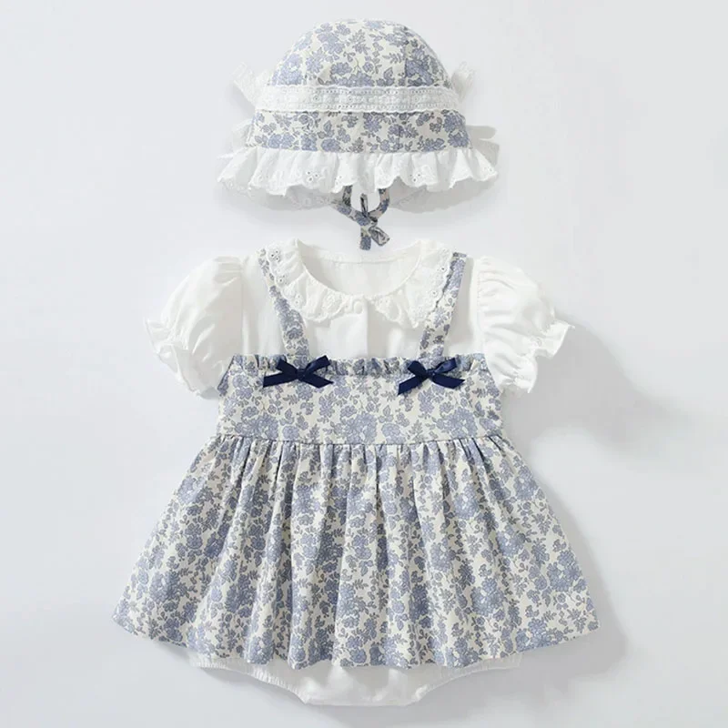 

Комплекты из 2 предметов, летний комбинезон, одежда для маленьких девочек от 0 до 6 месяцев, корейские милые цветы, хлопковое боди с короткими рукавами + шапка, товары для новорожденных B014